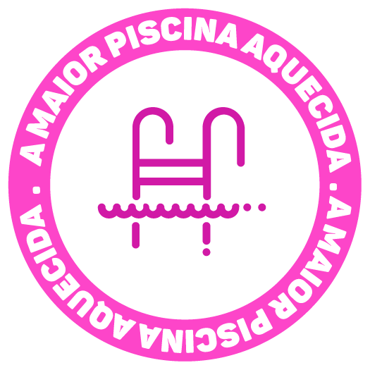 Logotipo circular rosa com texto em espanhol ao redor de uma escada de piscina estilizada e linha d'água.