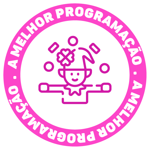 Pink circular logo reading “A MELHOR PROGRAMAÇÃO” with a simple jester face and abstract shapes in the center