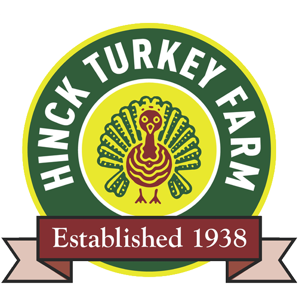 Hinck Turkey Farm logo: Green and yellow circle with turkey illustration, 