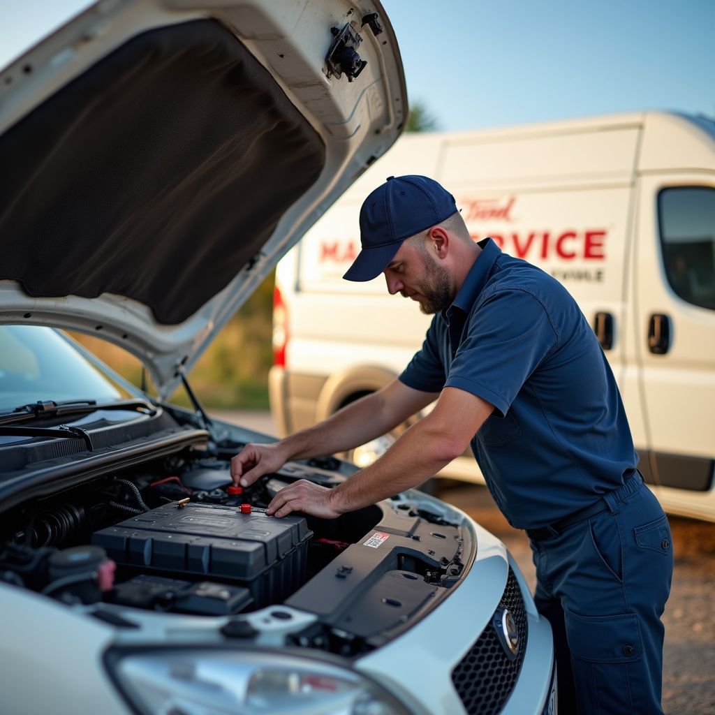 Mechanic working on a car battery with a Ford Mobile Service van in the background.