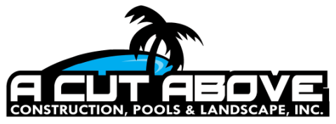 Logo for A Cut Above Construction, Pools & Landscape, Inc. featuring a palm tree silhouette over a blue pool shape.