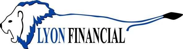 Logo for Lyon Financial featuring a stylized blue lion head profile with a long tail underlining the text.