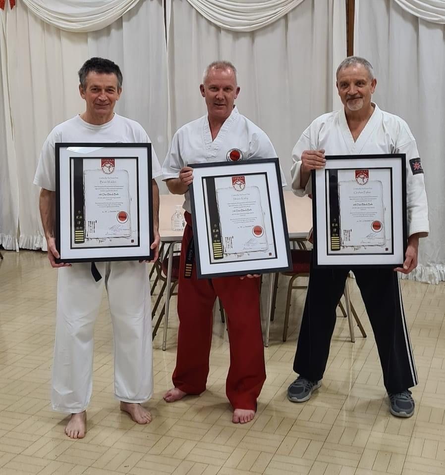 Brian Walden, Shaun Kisby & Graham Fisher after being awarded their 5th, 7th and 6th Dans.