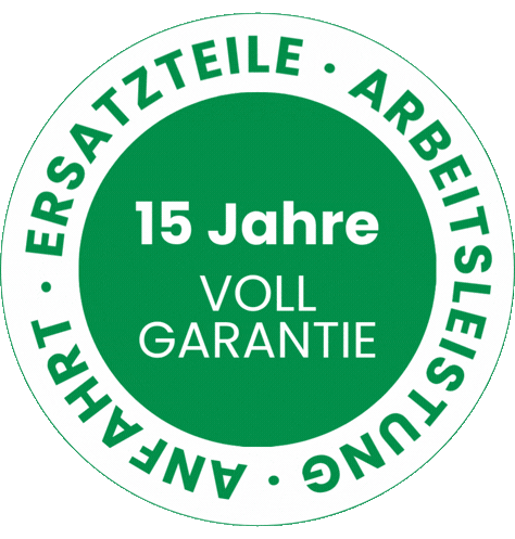 Cercle vert avec texte blanc : « 10 ans GARANTIE TOTALE » (10 ans de garantie totale) ; entouré de « PIÈCES, MAIN-D'OEUVRE, DÉPLACEMENTS » (Pièces, main-d'œuvre, déplacement)