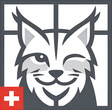 Lynx de dessin animé faisant un clin d'œil à l'intérieur d'une fenêtre encadrée de gris foncé ; icône du drapeau suisse en bas à gauche.
