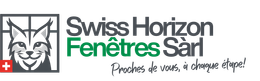 Logo: Lynx in window frame, Swiss flag, "Swiss Horizon Fen&ecirc;tres S&agrave;rl", text "Proches de vous, &agrave; chaque &eacute;tape!".
