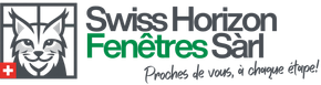 Logo : un lynx à une fenêtre, drapeau suisse, « Swiss Horizon Fenêtres Sàrl » en vert et gris, slogan.
