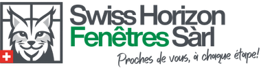 Logo : un lynx à une fenêtre, drapeau suisse, « Swiss Horizon Fenêtres Sàrl » en vert et gris, slogan.