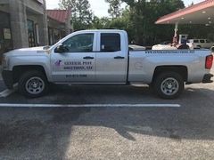 Silver pickup truck with company logo parked in front of a store with gas station in the background.