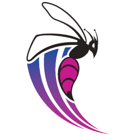 Stylized wasp with purple and blue gradient, flying upwards.