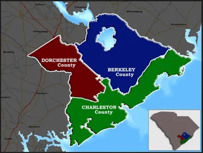 Map of Charleston, Berkeley, and Dorchester counties in South Carolina, color-coded, with inset of state map.