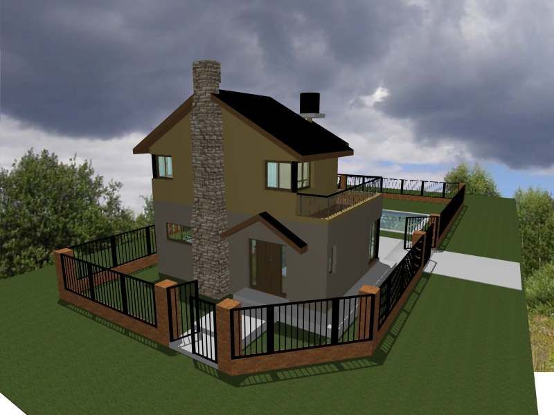 Representación 3D de una casa con chimenea y patio cercado, techo oscuro y cielo nublado.
