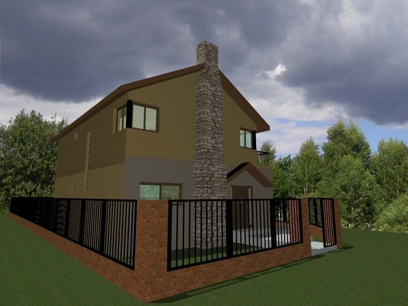 Representación 3D de una casa de dos pisos con chimenea, cerca de ladrillo y cielo nublado.