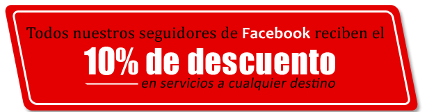 Banner rojo de promoción en español: 10% de descuento para seguidores de Facebook.