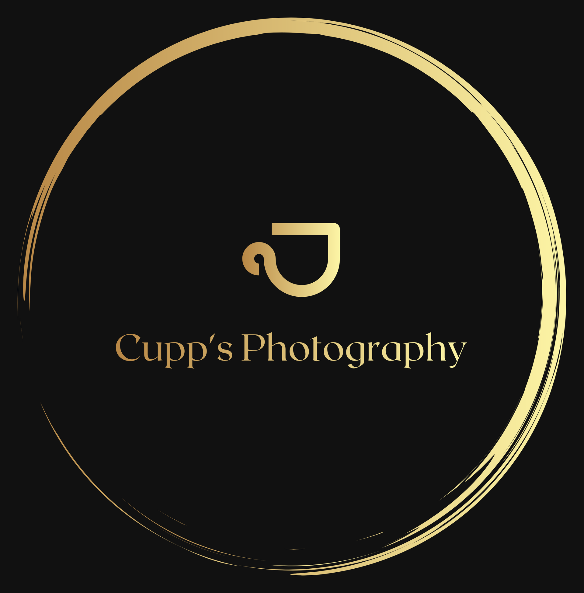 Gold logo with a coffee cup icon and text
