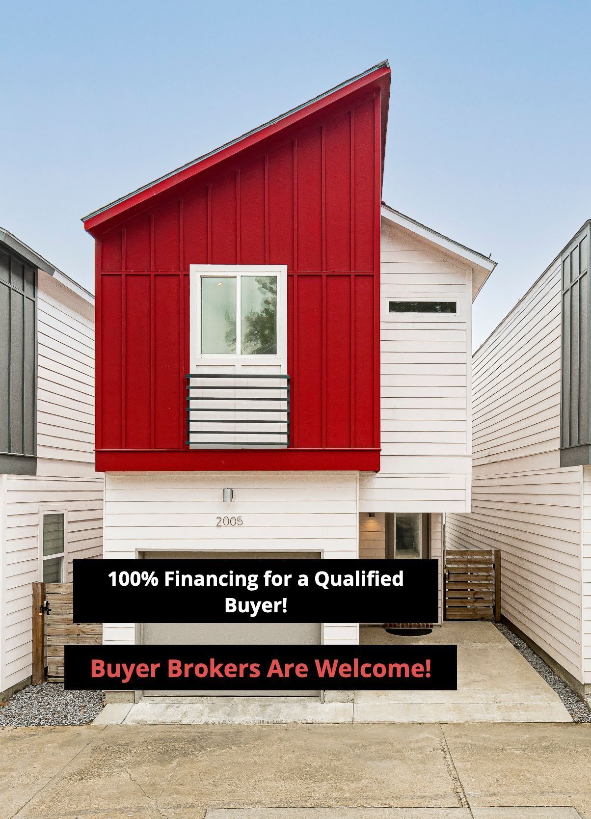 Red and white tiny house for sale with “100% Financing” and “Buyer Brokers Are Welcome” signs