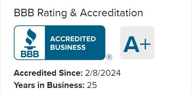 BBB Accredited Business badge with A+ rating, accredited since 2/8/2024, 25 reviews