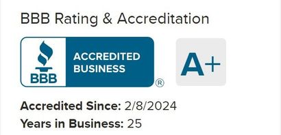 BBB Accredited Business badge with A+ rating, accredited since 2/8/2024, 25 reviews