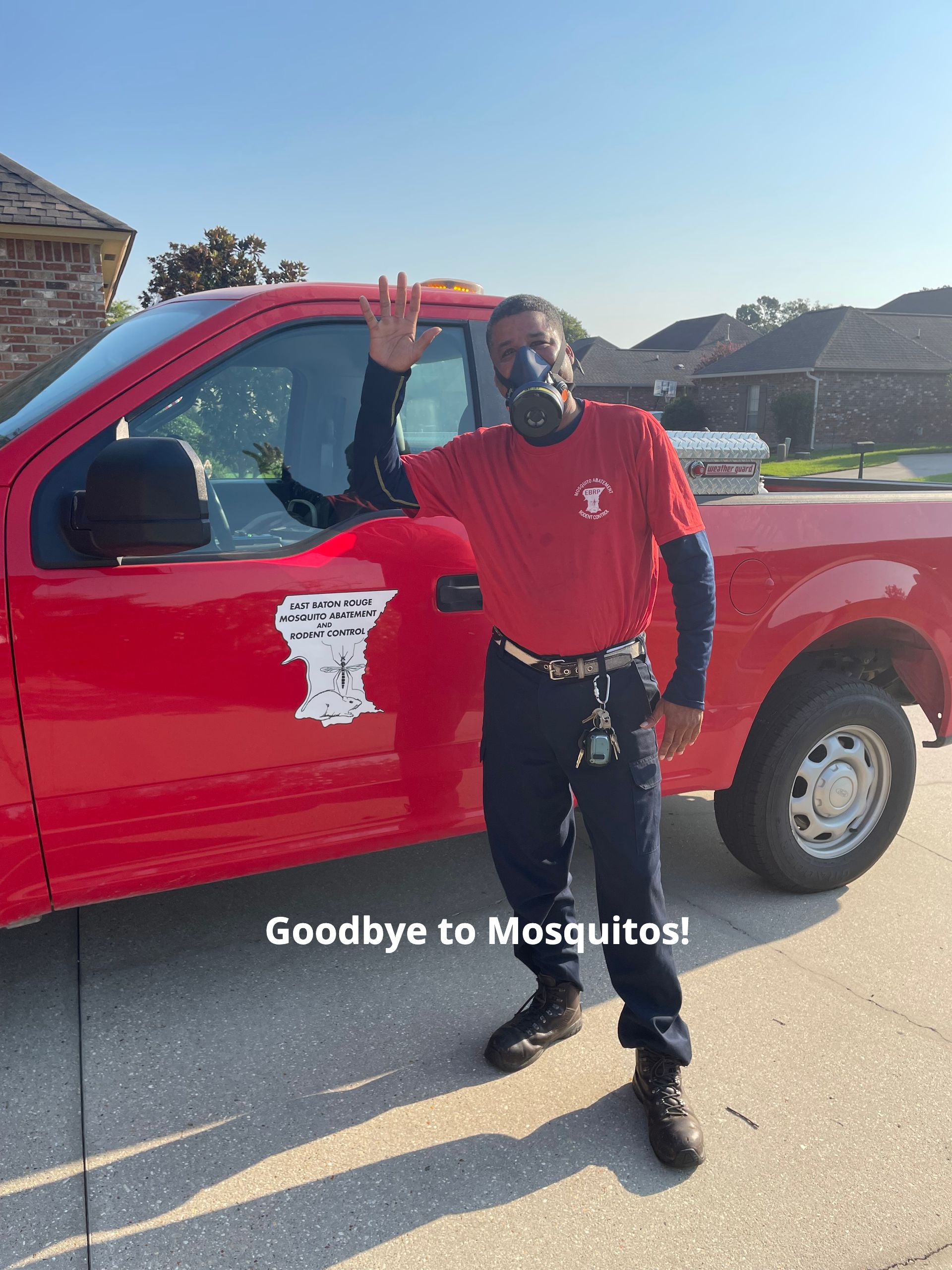 Man standing by a red pickup truck, waving, with “Goodbye to Mosquitos!” text on the image.