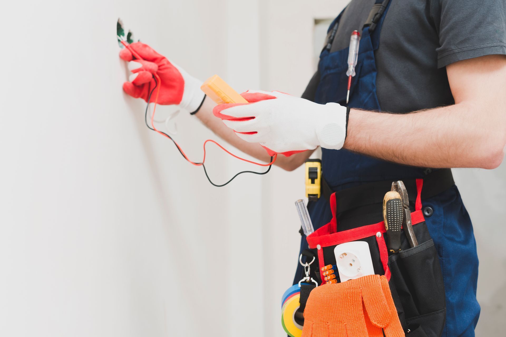 Electrician in overalls using a voltage tester on a wall outlet. Red and white gloves. Tool belt.