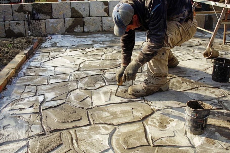 Worker laying irregular stone pavers on a patio with mortar.