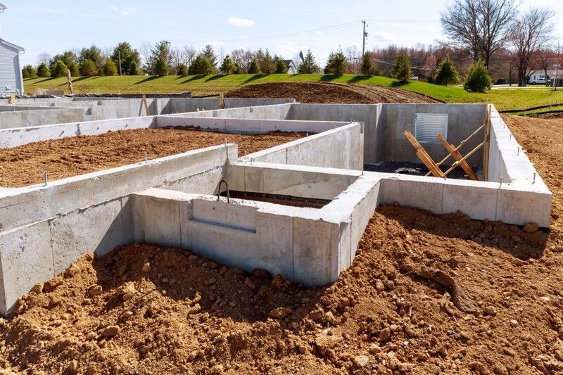 Concrete foundation walls under construction on a dirt lot, with timber supports and a grassy background