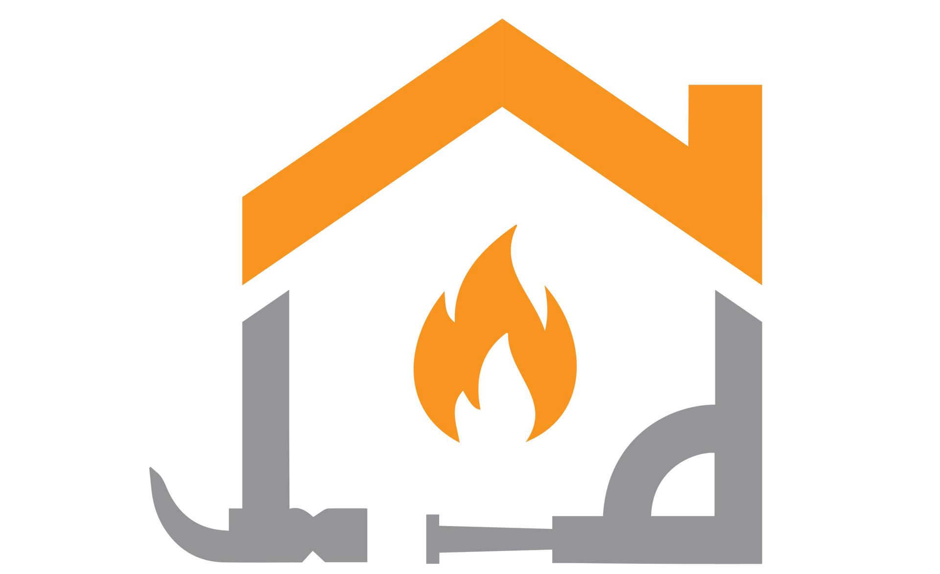 Logo représentant une maison orange avec une flamme à l'intérieur. Des outils gris (marteau, tuyau) forment les côtés.