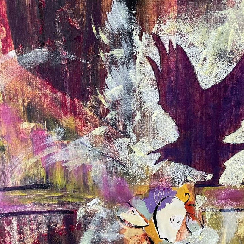 Mixed media painting of a raven upsetting an apple on a stable rail, by Margaret McKenzie.