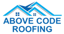 Logo for Above Code Roofing, featuring stylized blue house roofs above the company name in blue text.