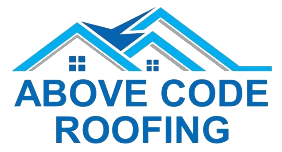 Logo for Above Code Roofing, featuring stylized blue house roofs above the company name in blue text.