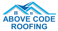 Logo for Above Code Roofing, featuring stylized blue house roofs above the company name in blue text.