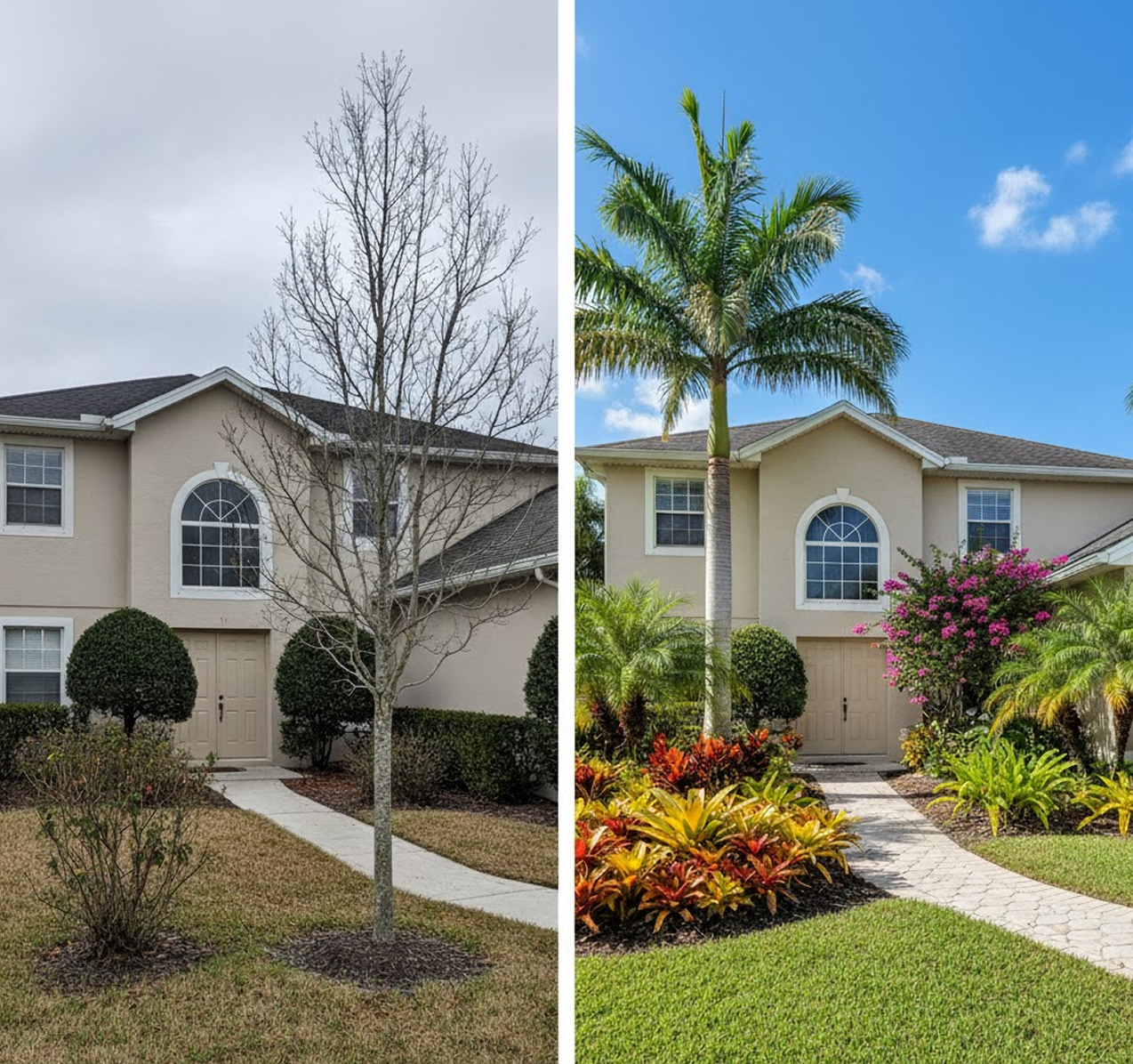 Before and after of a beige house with a barren tree.