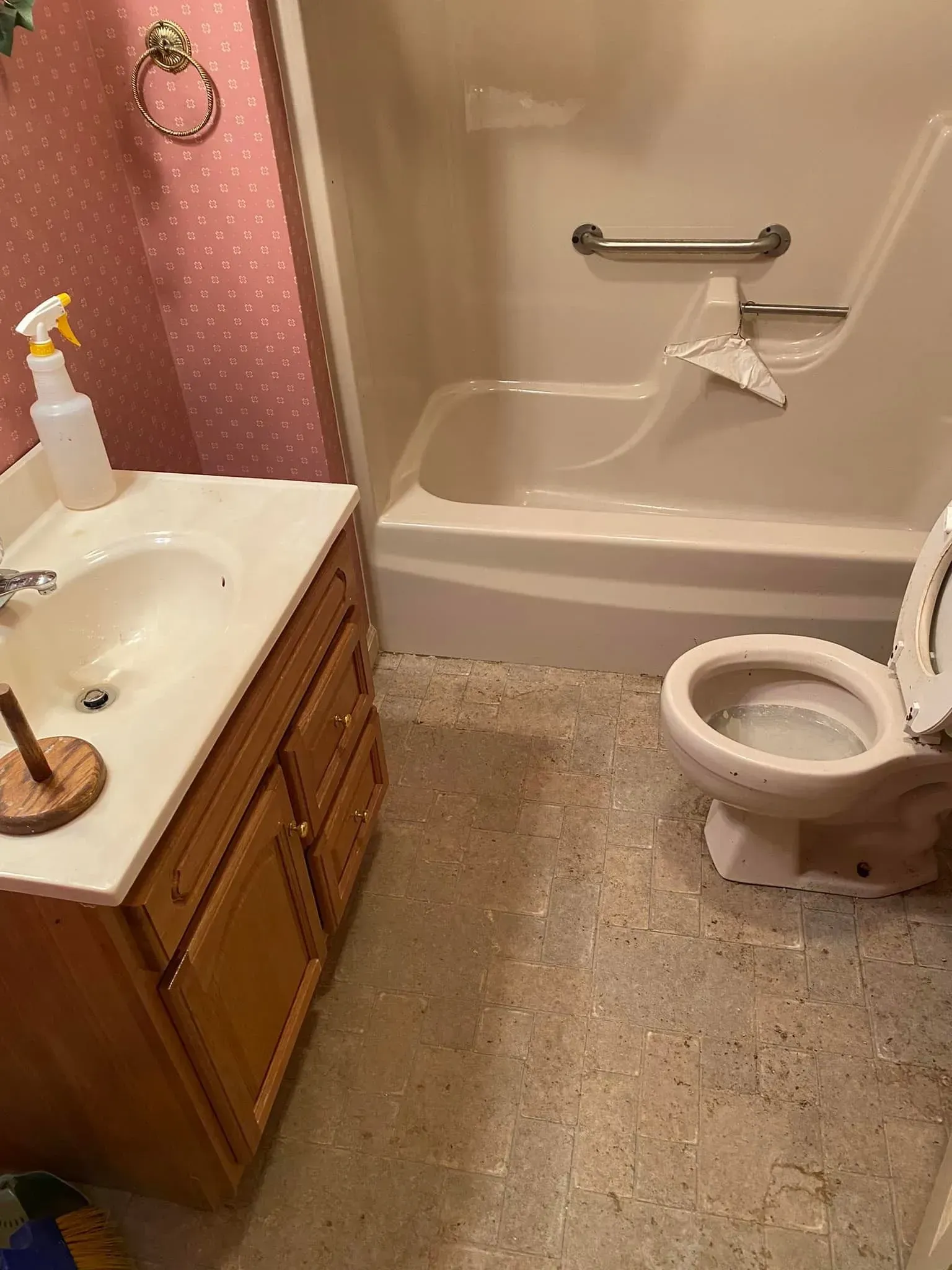 Small pink bathroom with sink, bathtub, toilet, and cleaning spray on the counter