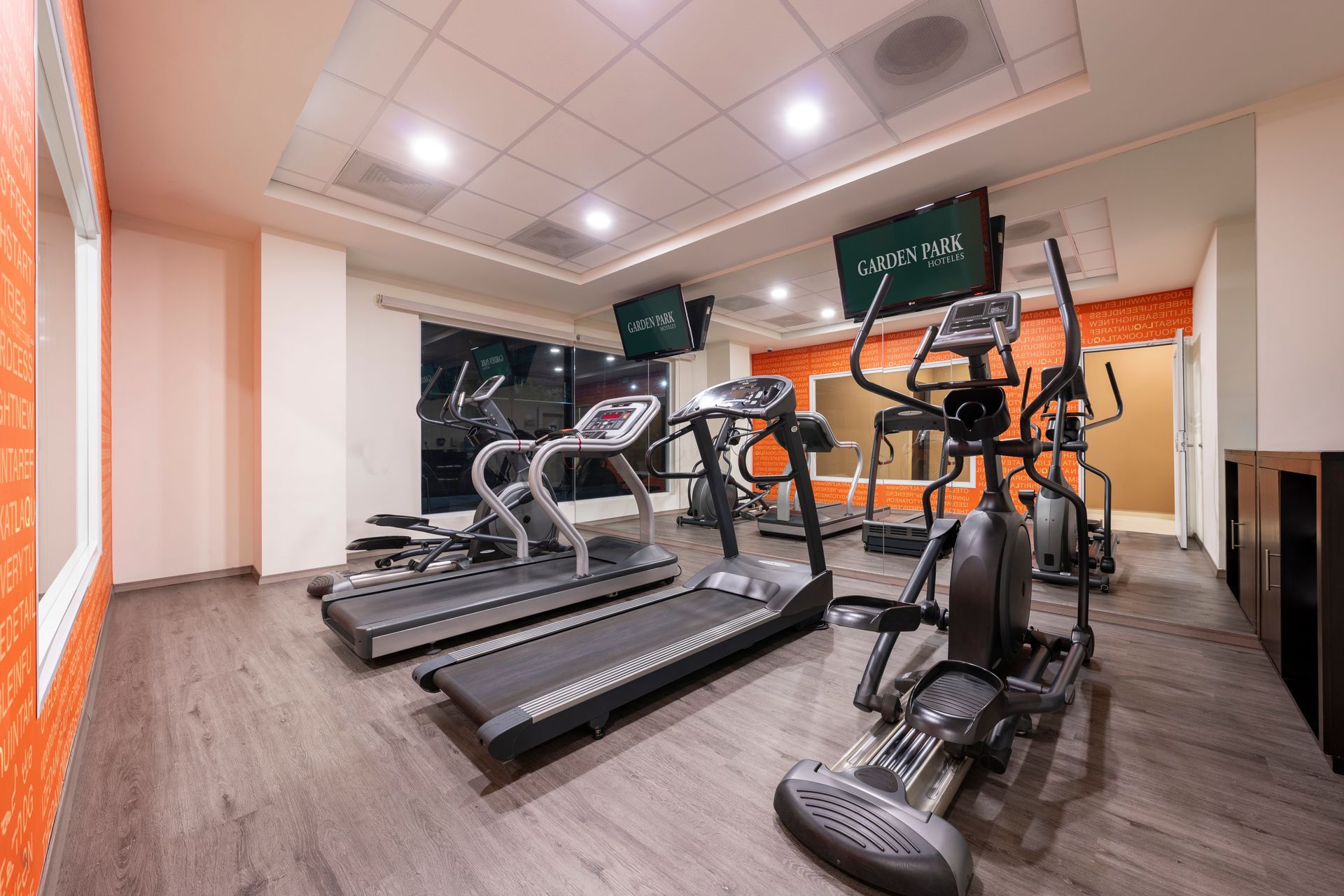 A gym with treadmills , ellipticals , and other exercise equipment.