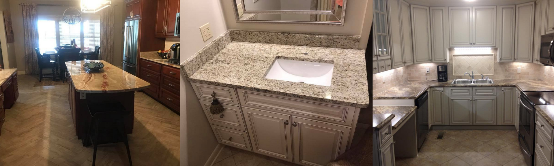 Three-panel kitchen interior showing a granite island, white cabinets, and stainless steel appliances
