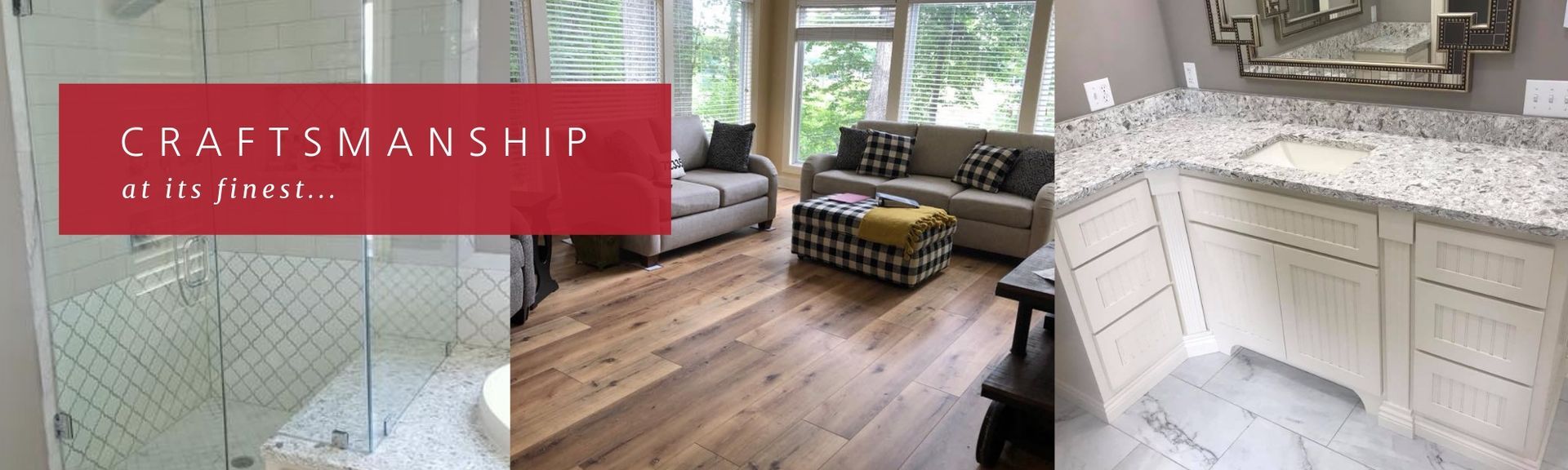 Modern kitchen and living space with white cabinetry, wood floors, and a red “Craftsmanship” banner