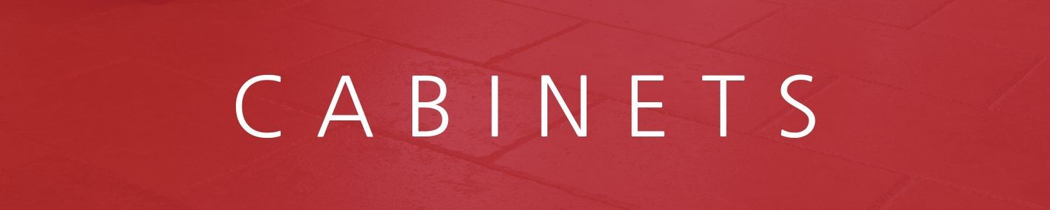 Red background with the word “CABINETS” in white uppercase letters.
