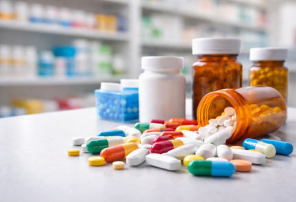 Pill bottles on pharmacy counter