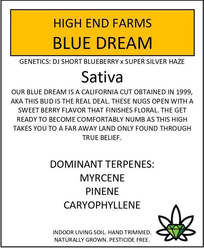 Label for Blue Dream cannabis, describing genetics, flavor, and effects, with dominant terpenes listed.
