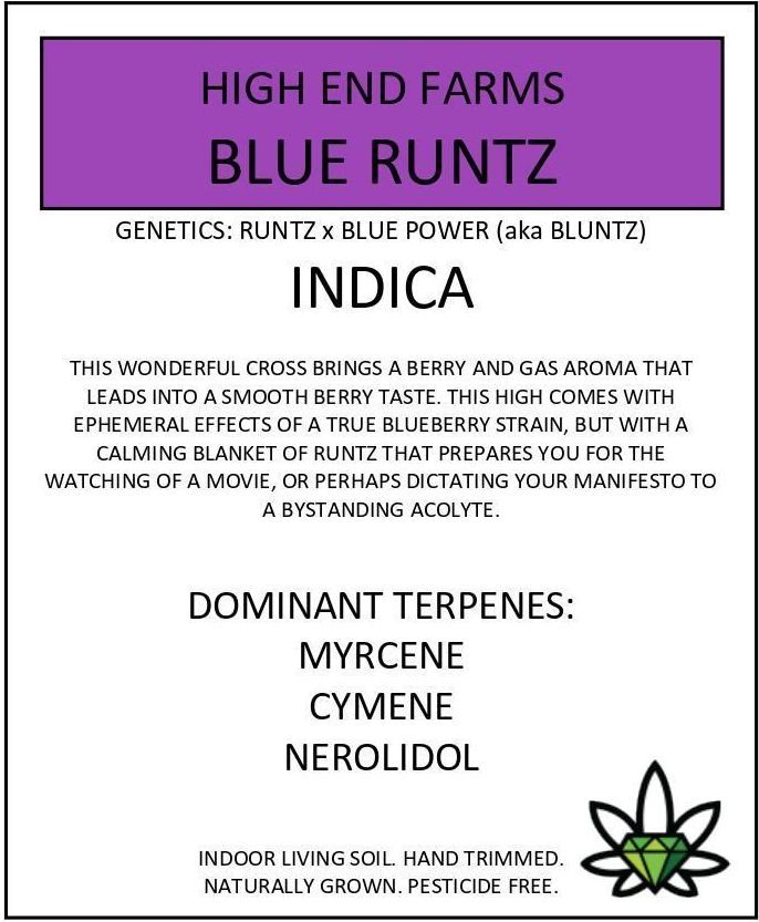Product label for High End Farms' Blue Runtz Indica strain. 