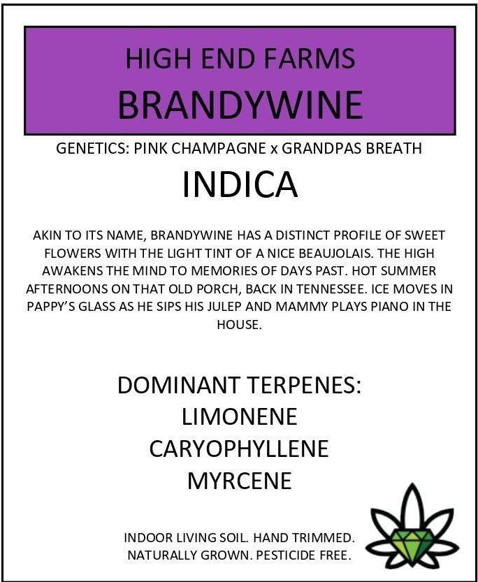 Brandywine cannabis label: purple background, Indica strain, genetics Pink Champagne x Grandpa's Breath. Dominant terpenes: