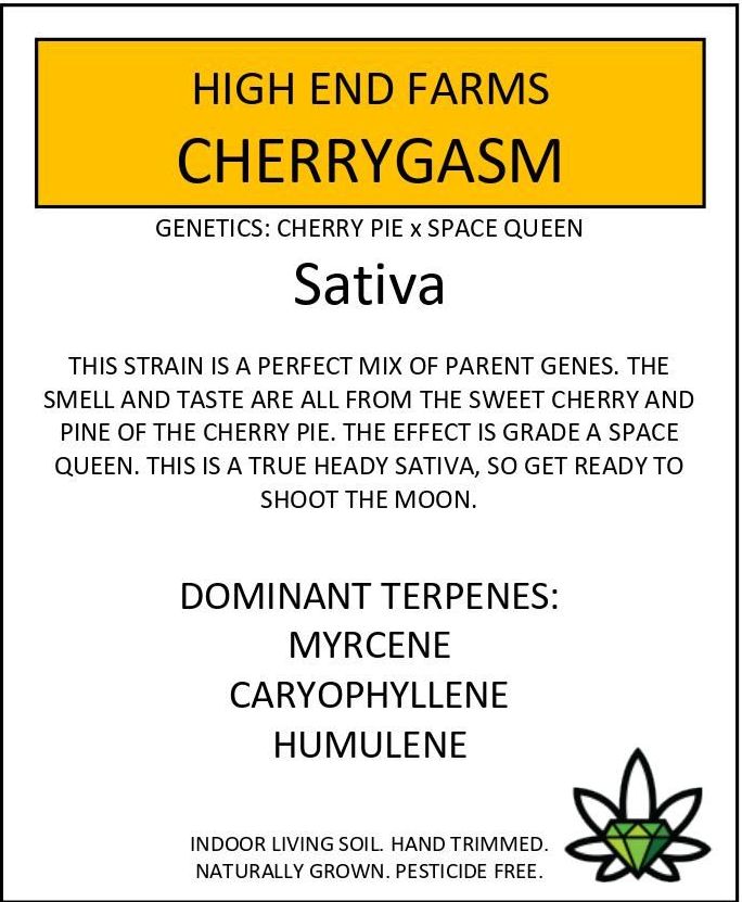 Cannabis label for Cherrygasm strain by High End Farms, Sativa, with dominant terpenes listed.