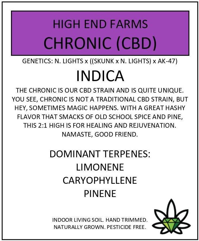 Label for Chronic (CBD) strain, listing genetics, effects, and terpenes: Limonene, Caryophyllene, and Pinene.
