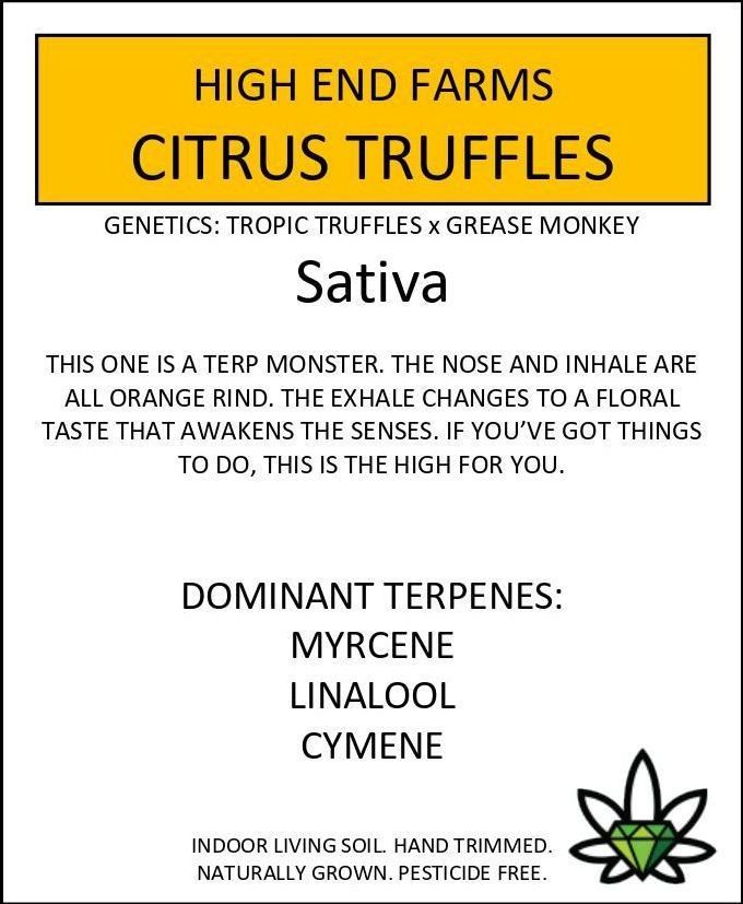 Label for Citrus Truffles cannabis strain, with text describing flavor profile, and dominant terpenes.