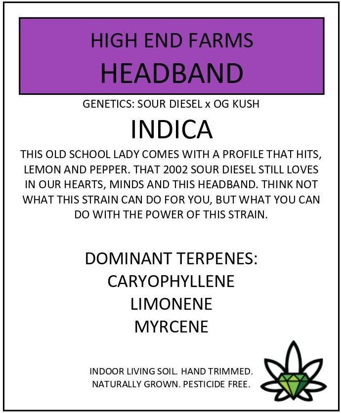 Label for High End Farms Headband cannabis strain, Indica, with dominant terpenes listed.