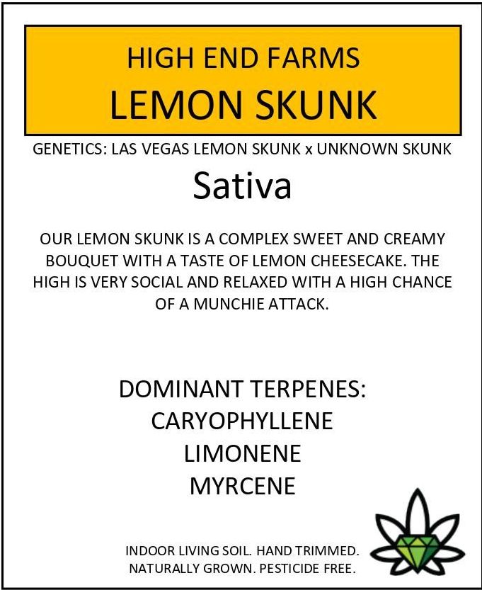 Label for Lemon Skunk cannabis strain, features details about the genetics, flavor, and terpenes.