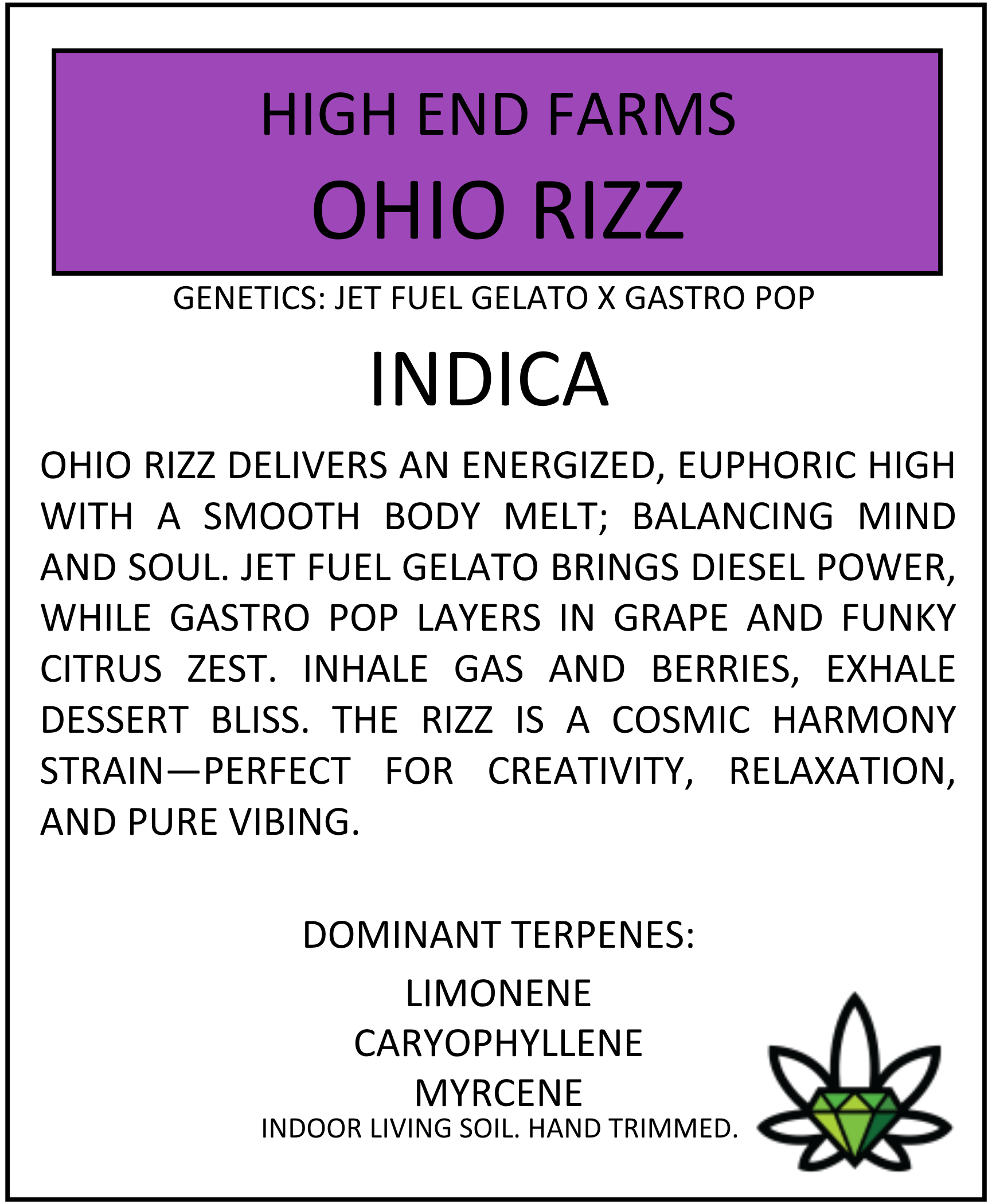 Label for Ohio Rizz indica cannabis strain by High End Farms, with text description and terpene info.