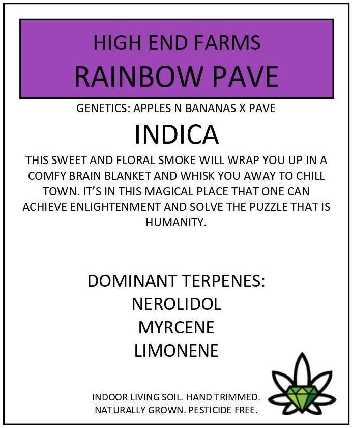 Purple and white cannabis label for Rainbow Pave Indica strain. 