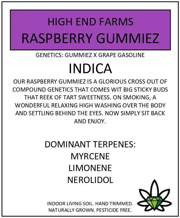 Label for Raspberry Gummiez cannabis, Indica strain, by High End Farms. Purple and white text.