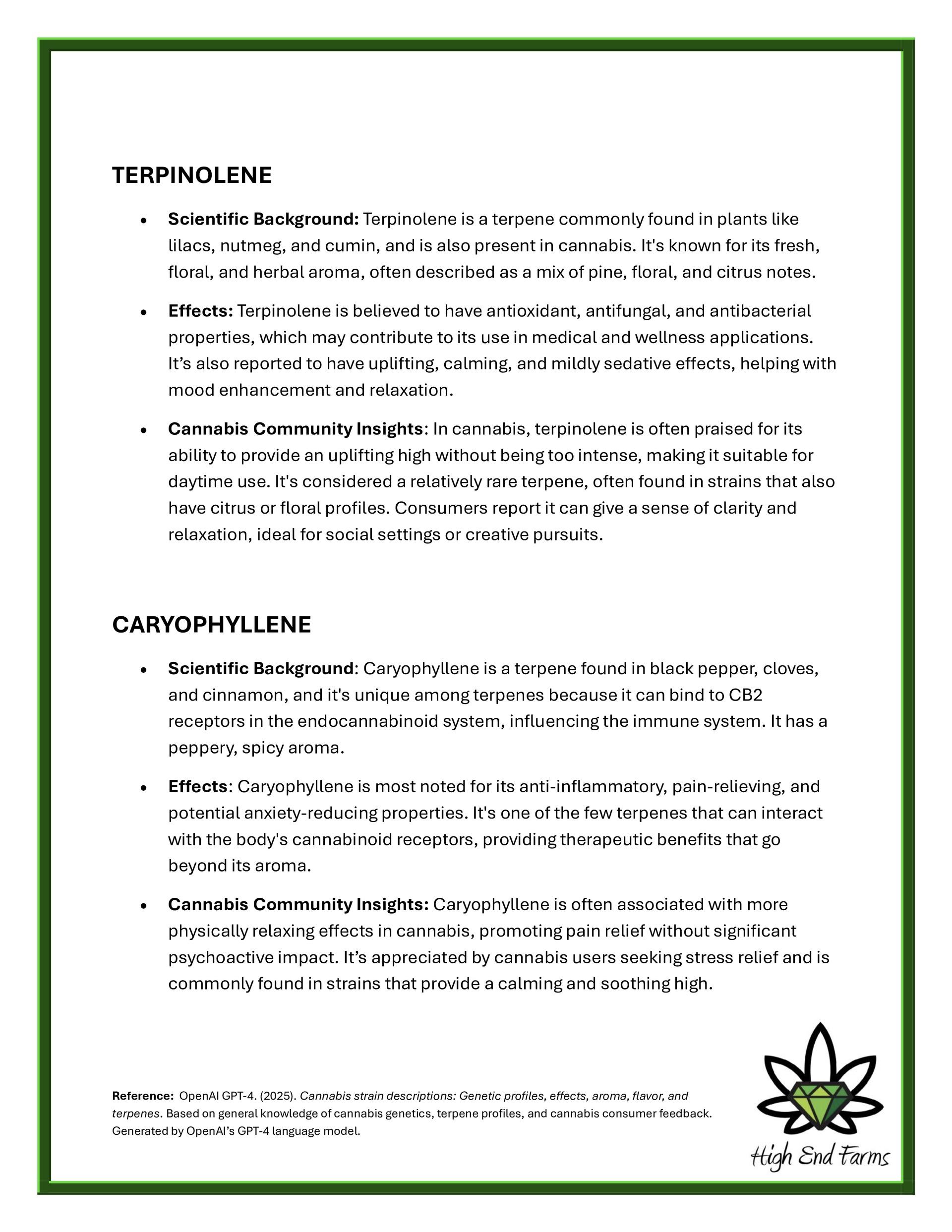 Text about Terpinolene and Caryophyllene, with a cannabis leaf logo.
